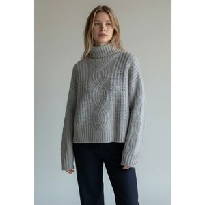 Aerie Grey Cable Knit Turtleneck Size Medium Oversized Sweater Cabin Core